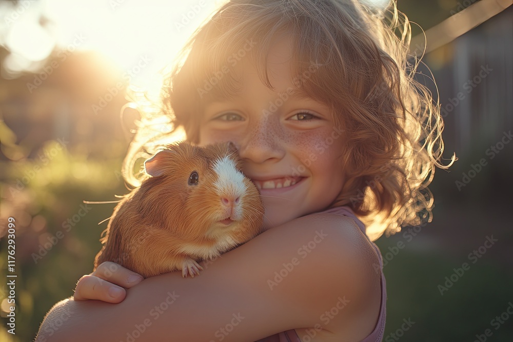 A young girl is holding a small brown and white guinea pig A young girl is holding a small brown and white guinea pig