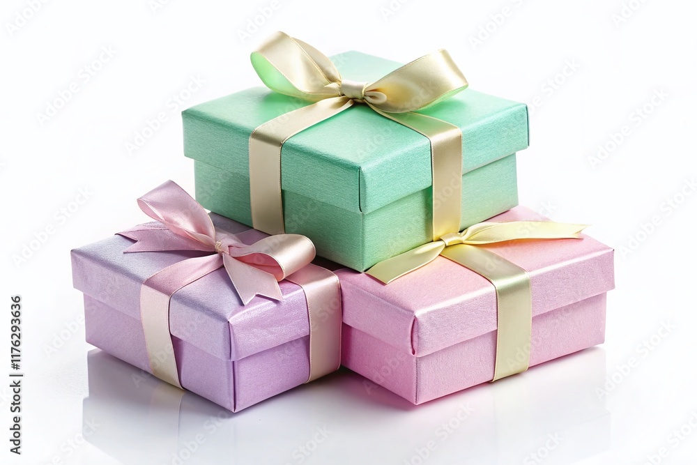 Pastel Gift Boxes Stack, Ribbon Tied, Birthday Presents, White Background, Product Photography Pastel Gift Boxes Stack, Ribbon Tied, Birthday Presents, White Background, Product Photography