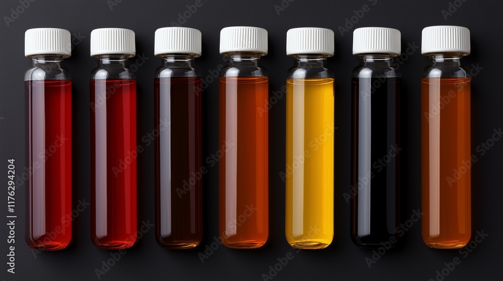 A row of colorful liquid extracts in clear vials, showcasing a spectrum of hues from deep red to dark brown. Ideal for culinary presentations, photography, or laboratory uses. A row of colorful liquid extracts in clear vials, showcasing a spectrum of hues from deep red to dark brown. Ideal for culinary presentations, photography, or laboratory uses.