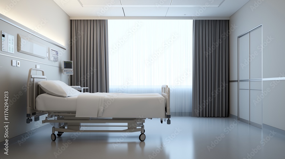 A serene and clean hospital room featuring a comfortable hospital bed, soft natural light pouring through the window, and a calming atmosphere for patients' recovery. A serene and clean hospital room featuring a comfortable hospital bed, soft natural light pouring through the window, and a calming atmosphere for patients' recovery.