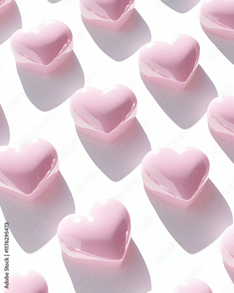 A pattern of glossy pink hearts casting shadows on a white background. A pattern of glossy pink hearts casting shadows on a white background.