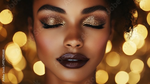 Close-up of a woman with gold glitter eyeshadow and dark lipstick, eyes closed, bokeh background.