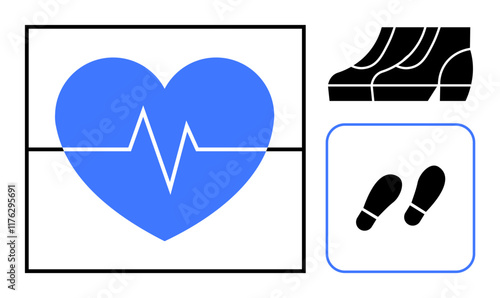 Blue heart with ECG line, black stair steps, black footprints. Ideal for fitness, health monitoring, heart health, exercise, physical activity healthy living lifestyle. Abstract line flat metaphor