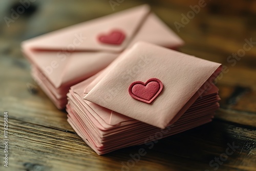 close up Stacking of pink envelopes and mail letter paper and red herat , romance love letter concept for holiday valentines day greeting card concept photo