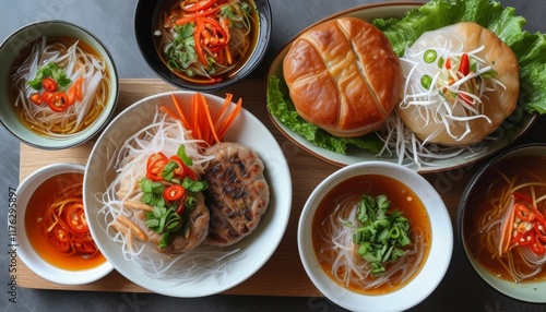 Wallpaper Mural Grilled Pork Patties and Buns with Noodle Soup and Fresh Vegetables Top View Arrangement Torontodigital.ca