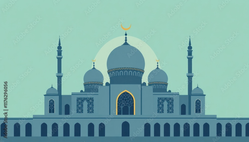Obraz premium Modern mosque monogram with geometric lattice patterns and crescent details.