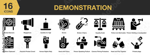 Demonstration solid icon set. Includes political, crowd, public, protester, justice, freedom, and More. Solid icons vector collection.