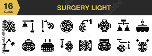 Surgery Light solid icon set. Includes Lamp, Lighting, Operating, Room, Surgeon, Surgery, Bulb, and More. Solid icons vector collection.