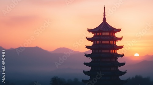 A stunning silhouette of a traditional pagoda at sunset, showcasing its intricate architecture against a vibrant sky filled with warm hues photo