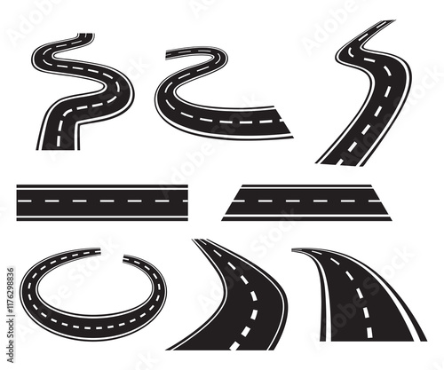 Winding and curved road. Highways, asphalt paths icon set vector