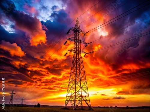 Powerful Electricity Pylon Silhouette Against Dramatic Sky - Energy Transmission Stock Photo photo