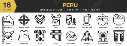 Peru icon set. Editable Stroke Icon Collection. Includes peru, peruvian, history, mountain, culture, inca, architecture, and More. Outline icons vector collection.