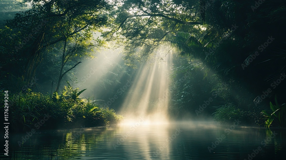 The sunlight is shining through the trees, creating a beautiful