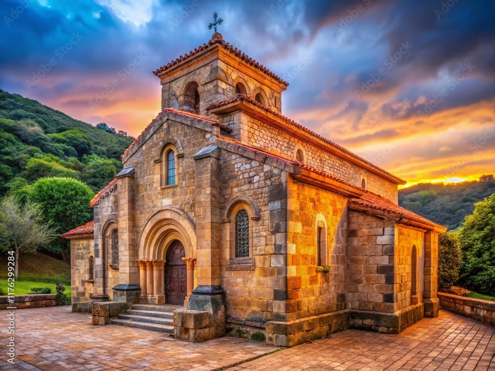 Obraz premium Pre-Romanesque Architecture: Stunning Portrait of San Miguel de Lillo Church, Asturias, Spain
