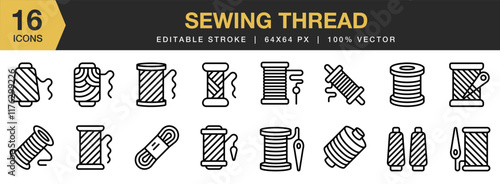 Sewing Thread icon set. Editable Stroke Icon Collection. Includes Craft, Fashion, Needle, Scissors, Sewing, Tailor, Thread, and More. Outline icons vector collection.