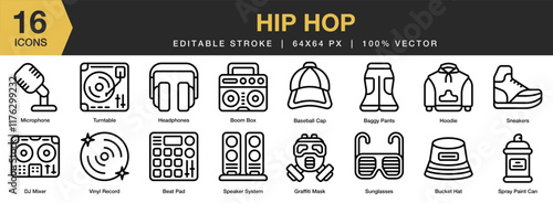 Hip Hop icon set. Editable Stroke Icon Collection. Includes music, hip hop, style, street, dance, hip-hop, and More. Outline icons vector collection.