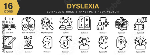 Dyslexia icon set. Editable Stroke Icon Collection. Includes Dyslexia, Neurological, Disorder, Neural, Learning, Education, Problem, and More. Outline icons vector collection.