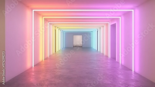 Neon Rainbow Lights Illuminate A Long Hallway