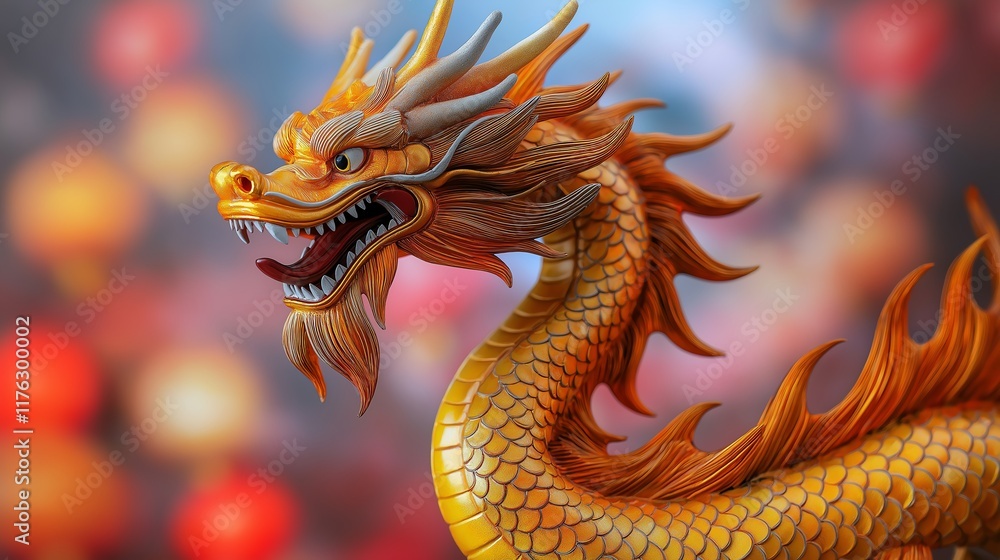 Fototapeta premium A vibrant, artistic depiction of a dragon, showcasing intricate details and a fierce expression. The image captures the essence of mythical creatures in traditional culture.
