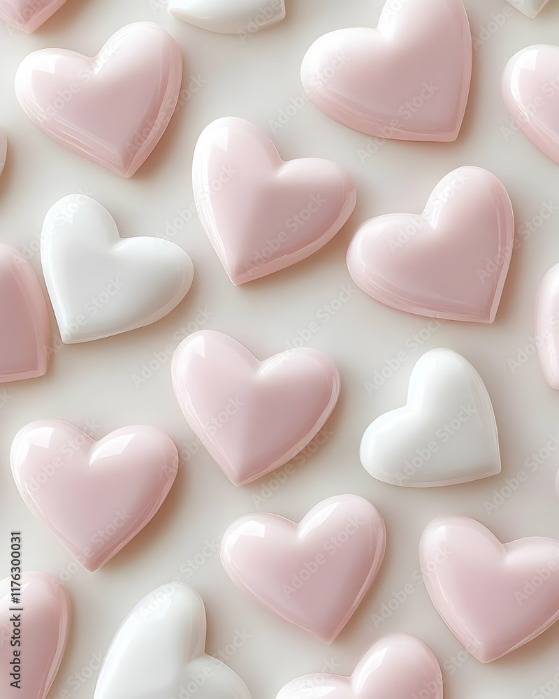 A collection of pink and white heart-shaped decorations on a light background. A collection of pink and white heart-shaped decorations on a light background.