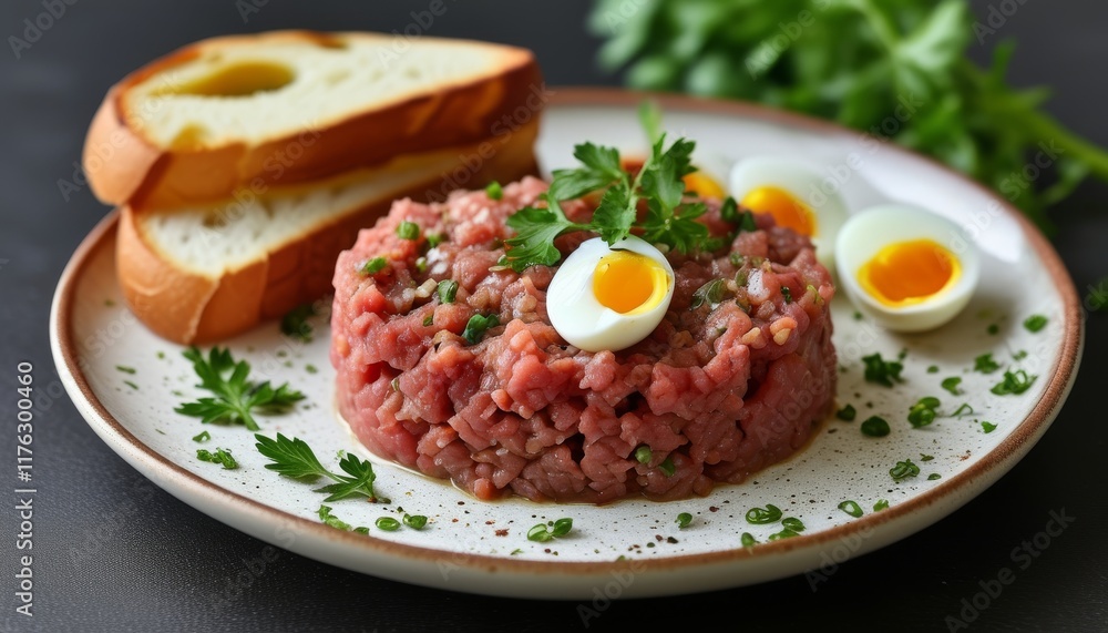 Fresh Beef Tartare with Egg and Toast on Plate Garnished with Herbs and Parsley Fresh Beef Tartare with Egg and Toast on Plate Garnished with Herbs and Parsley