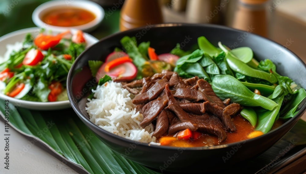 Delicious Beef Combo with Fresh Vegetables and Steamed Rice in Elegant Bowl Arrangement Delicious Beef Combo with Fresh Vegetables and Steamed Rice in Elegant Bowl Arrangement