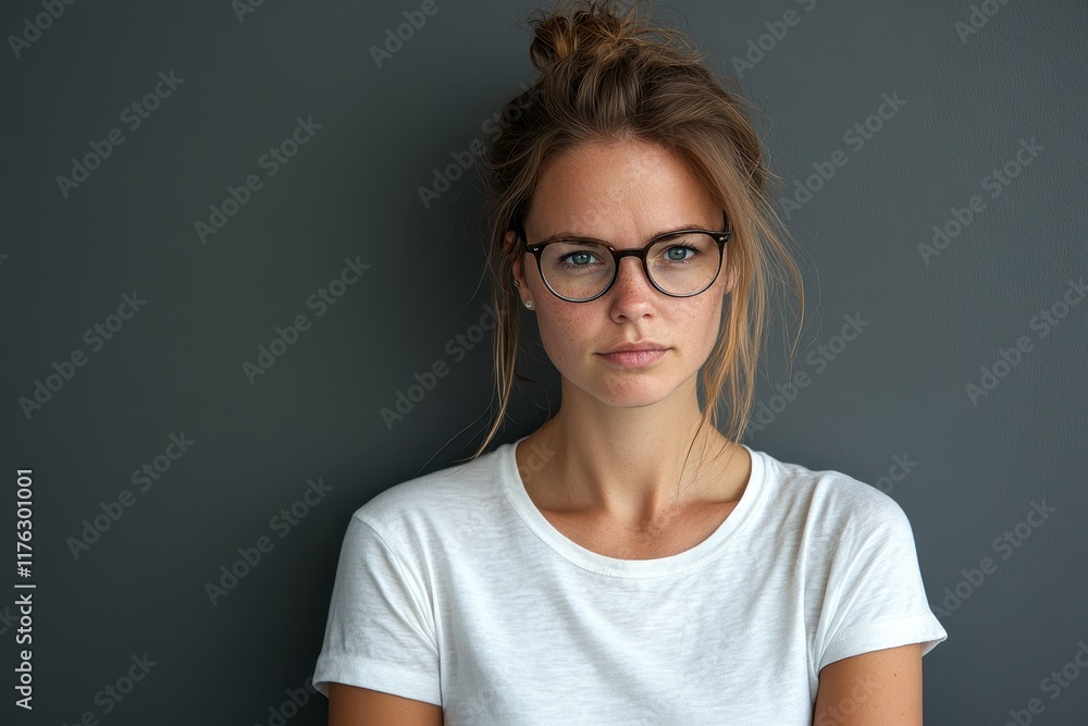 Fototapeta premium Young woman in glasses, white t-shirt. Perfect for websites, blogs needing a relatable, approachable female image.