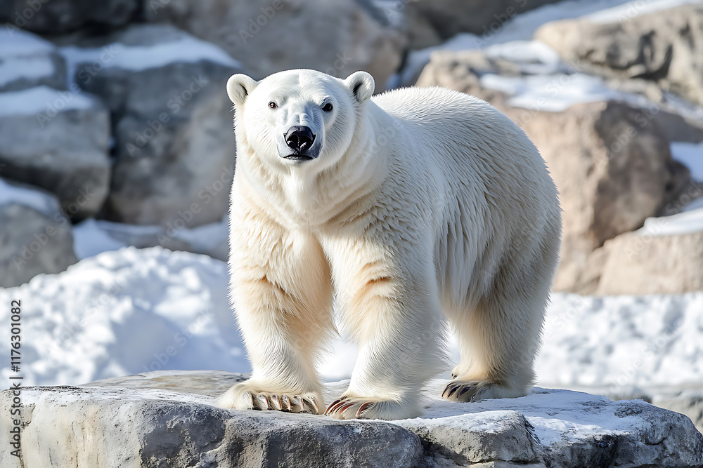 Large polar bear standing on a rock in its natural snowy habitat Large polar bear standing on a rock in its natural snowy habitat