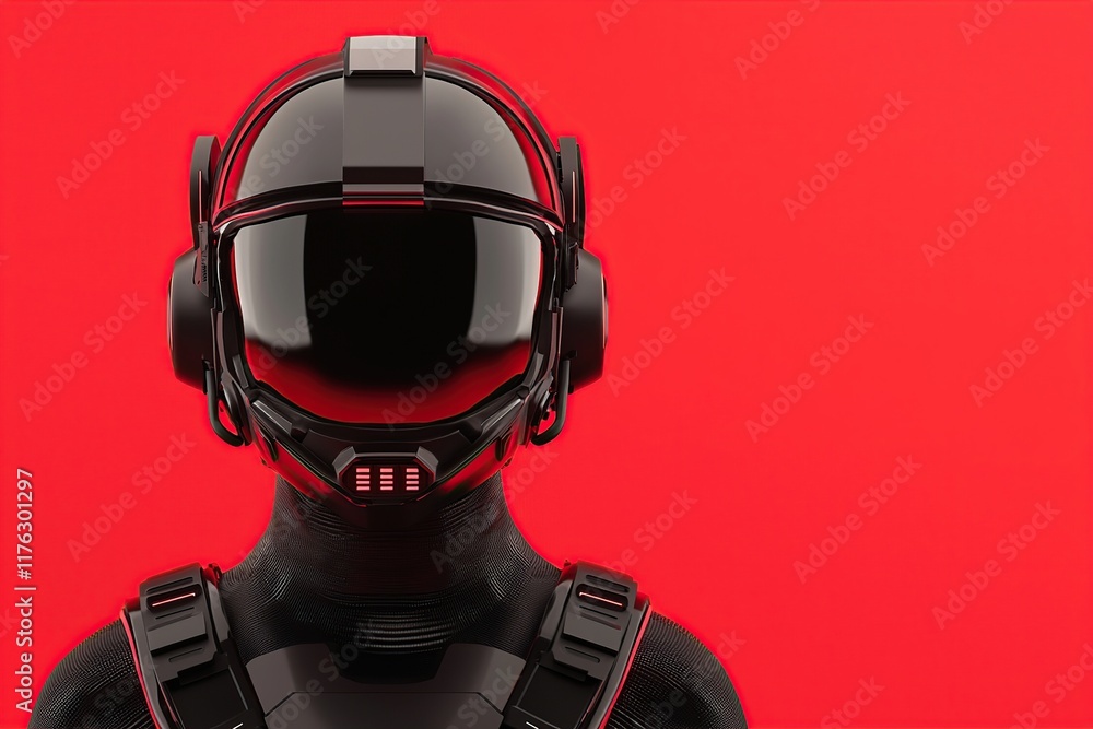 A futuristic figure in a sleek black helmet and suit stands against a vibrant red background, embodying themes of technology and exploration. A futuristic figure in a sleek black helmet and suit stands against a vibrant red background, embodying themes of technology and exploration.