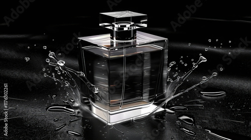 Luxury Perfume Bottle With Water Splashes On Dark Background. Elegant Aromatic Essence For Men. photo