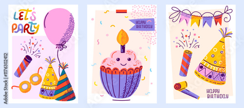 Vibrant set of birthday cards with textured colorful decorations, cupcakes, and party items. Perfect for sending birthday greetings or for use as party invitation designs
