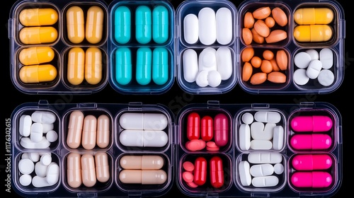 A vibrant display of assorted pharmaceutical capsules and tablets arranged in compartments. The image captures diverse colors and shapes, emphasizing the importance of medication. photo