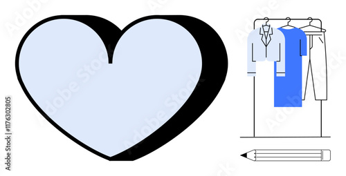 Large heart shape, clothing on hangers, pencil beneath. Ideal for fashion design, creativity, apparel love for fashion art crafting branding. Line metaphor. Simple line icons