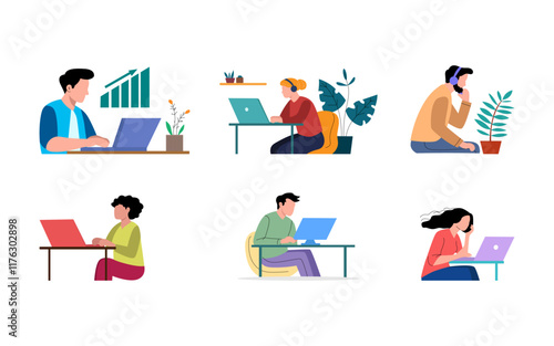 A collection of flat, stylized illustrations depicting different people working remotely from home or a modern office.