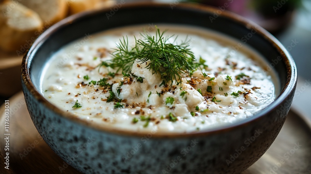 Creamy seafood chowder in bowl with fresh dill. Creamy seafood chowder in bowl with fresh dill.