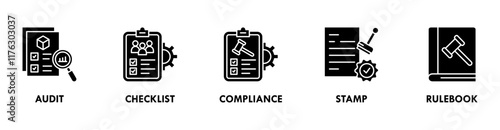 Compliance banner web icon illustration concept with icon of audit, checklist, compliance, stamp, and rulebook