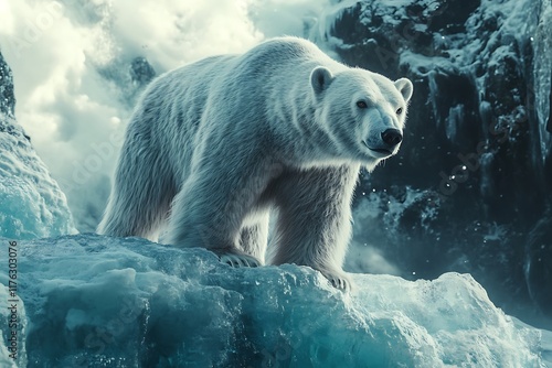 Majestic polar bear standing on an ice floe in a stunning arctic landscape, showcasing the beauty and fragility of the polar region photo