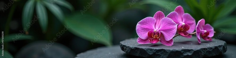Delicate orchid blooms on dark stone pedestal, tropical, petal, flowers Delicate orchid blooms on dark stone pedestal, tropical, petal, flowers