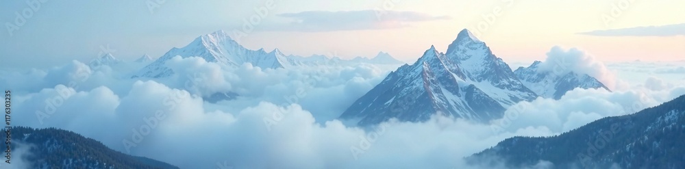 Dense foggy clouds enveloping mountain summits, weather conditions, snowy peaks Dense foggy clouds enveloping mountain summits, weather conditions, snowy peaks