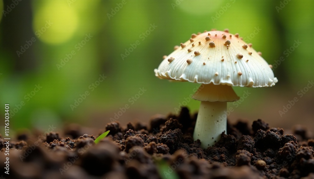Single white mushroom cap emerging from forest soil, fungi, soil Single white mushroom cap emerging from forest soil, fungi, soil