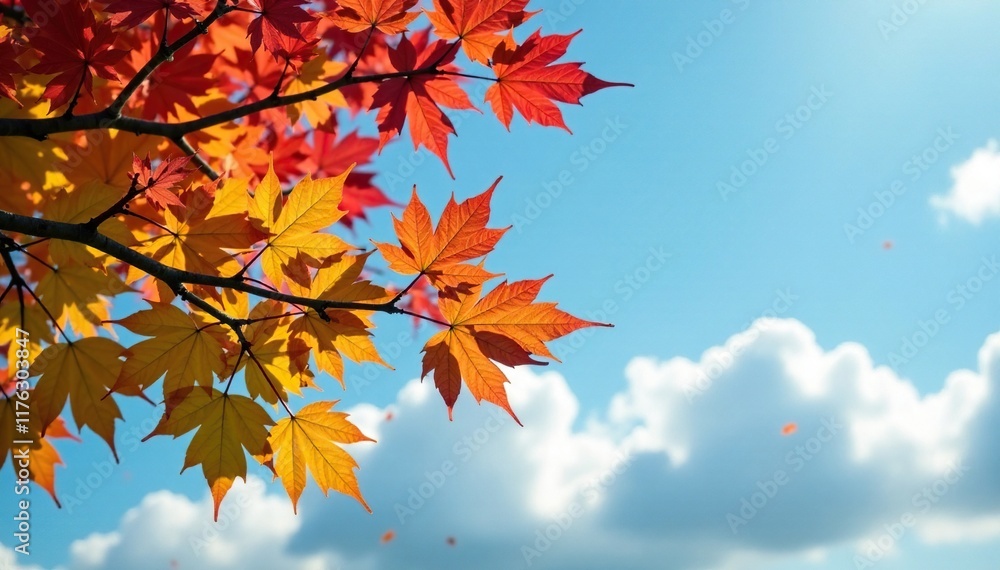 Soft focus of plane tree branches with colorful leaves against a cloudy blue sky, branches, fall Soft focus of plane tree branches with colorful leaves against a cloudy blue sky, branches, fall