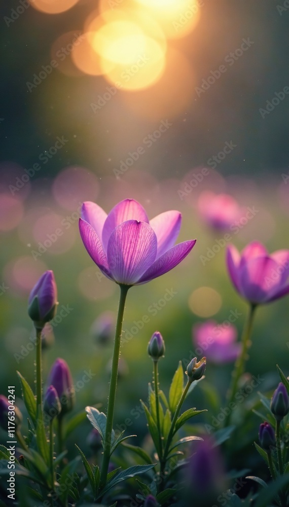 Fototapeta premium Soft purple petals unfold on a misty meadow at dawn, bokeh, flowers, atmospheric effect