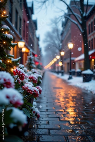 Snowflakes gently fall on cobblestone streets of Place d Armes in Montreal, illuminating frozen flowers and greenery, montreal, place d armes photo