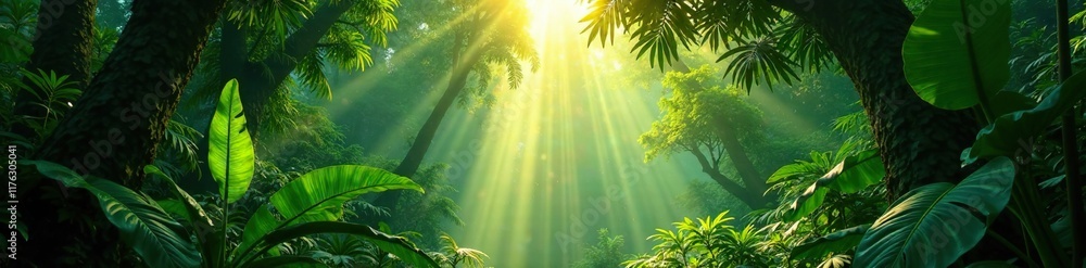 Fototapeta premium Sunlight filtering through the dense foliage of a jungle canopy, tropical plants, dappled light, forest canopy