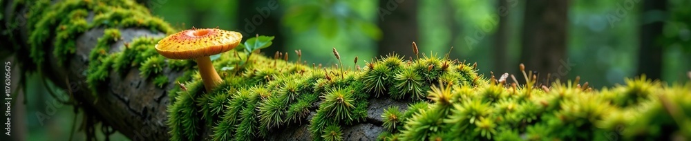 Overgrown moss and lichen covering an ancient tree trunk with a mushroom, lichen, green Overgrown moss and lichen covering an ancient tree trunk with a mushroom, lichen, green