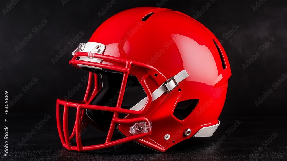 Fototapeta premium A vibrant red football helmet with sleek design and protective features. Perfect for representing athleticism and team spirit in sports-related imagery.