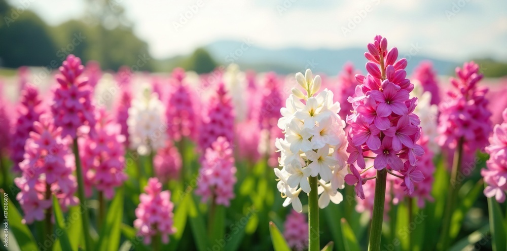 Obraz premium Field of pink and white hyacinths swaying in wind, hyacinth, field