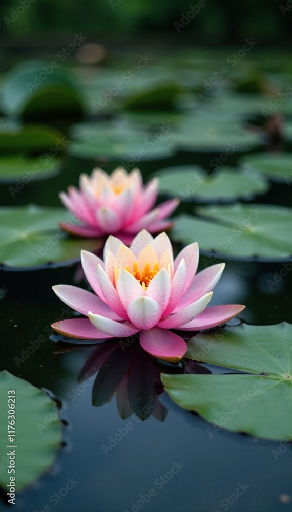 Water lilies float gently on the surface of a pond, water, serene, peaceful Water lilies float gently on the surface of a pond, water, serene, peaceful
