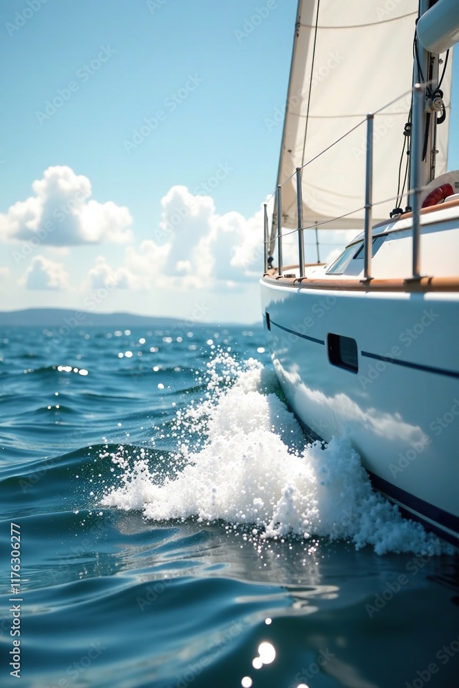 Fototapeta premium Calm waves gently lap against sailboat's hull, serene, aicante