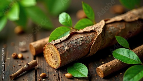 Whole dried Arjuna bark with leaves and twigs, botany, forest, herbage